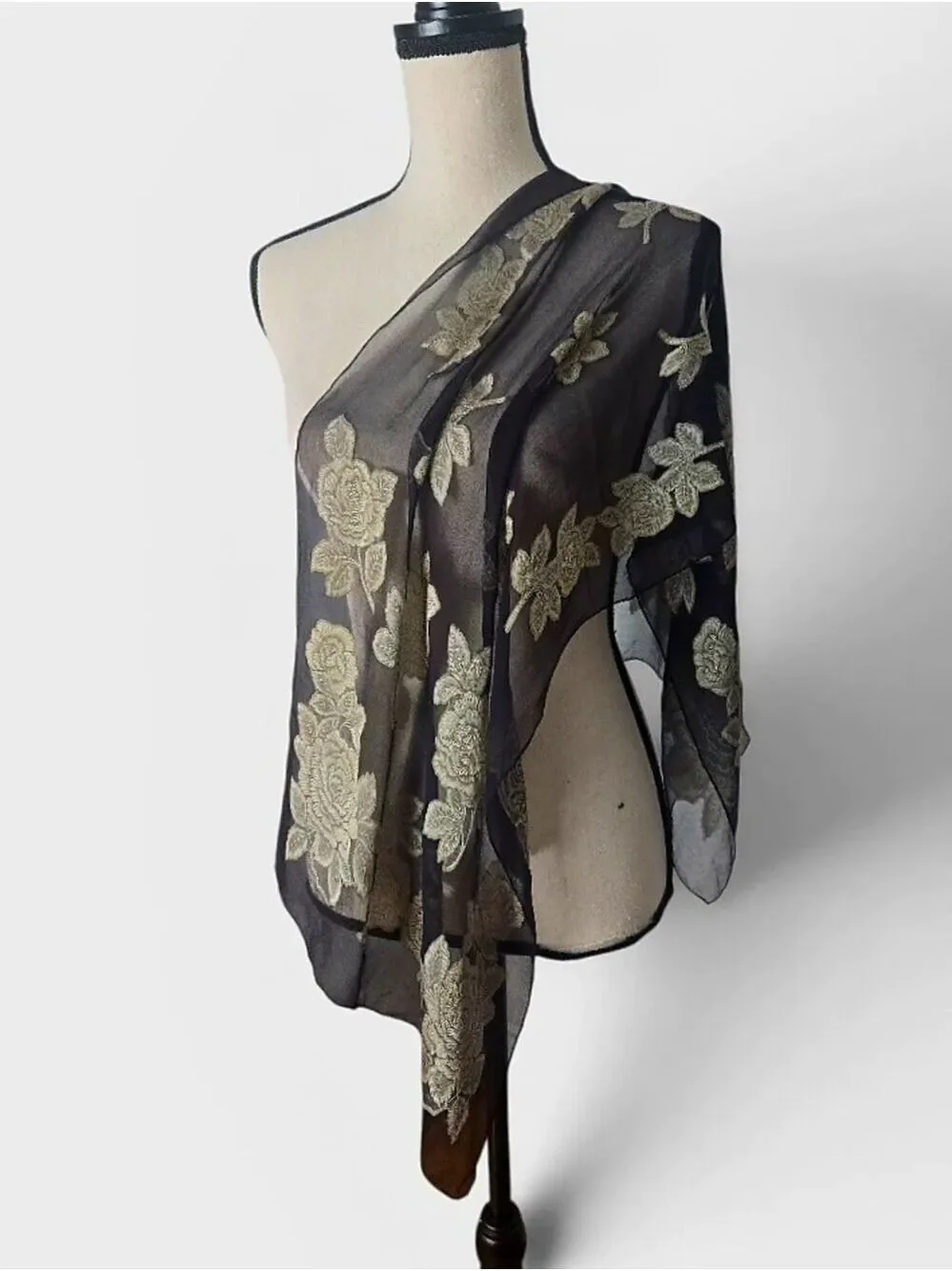 Vintage Black Sheer Floral Embroidered Scarf – Silver Gray Rose Embroidery – 44
